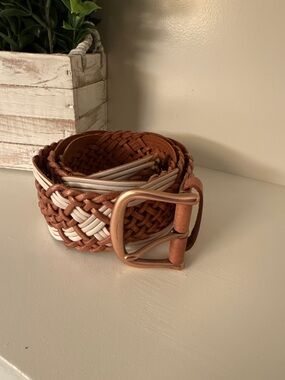 LINEA PELLE Women's BRAIDED Wide Belt ROSE GOLD Leather STATEMENT Boho Sz XL